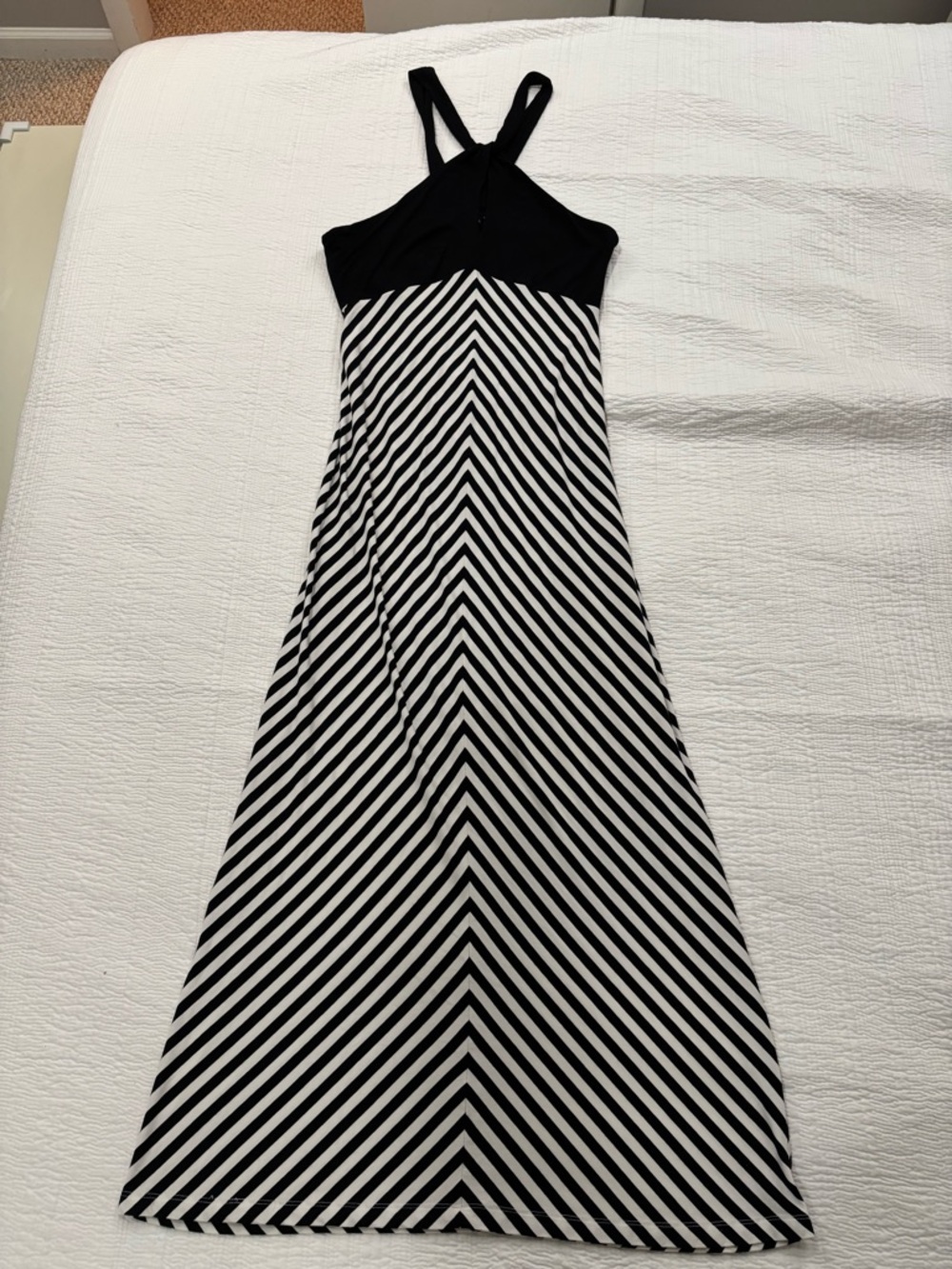 Valerie Bertinelli Black and White Striped Halter Maxi Dress